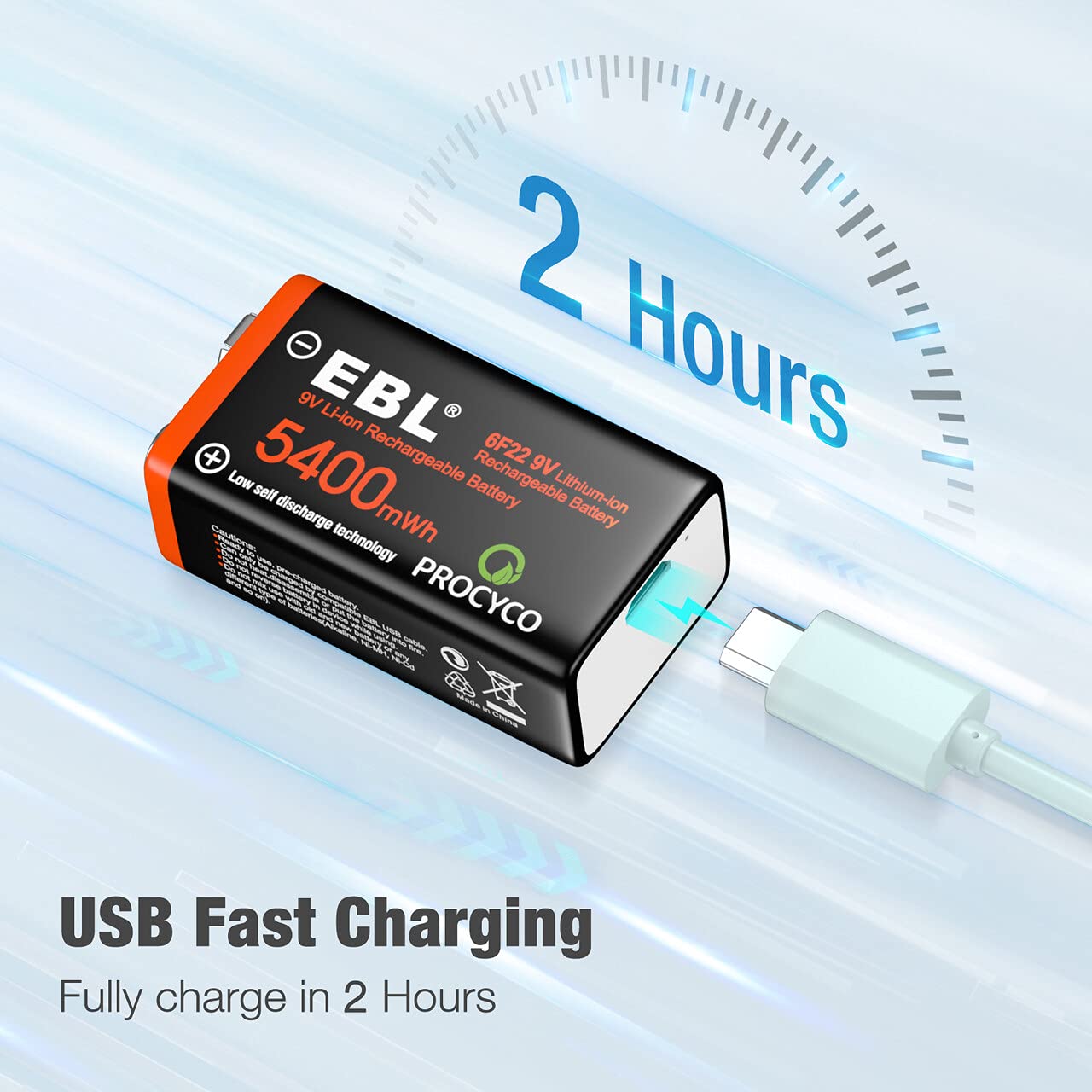 EBL Rechargeable 9V Lithium Batteries, 5400mWh USB 9 Volt Li-ion Batteries Long-Lasting(2 Pack)