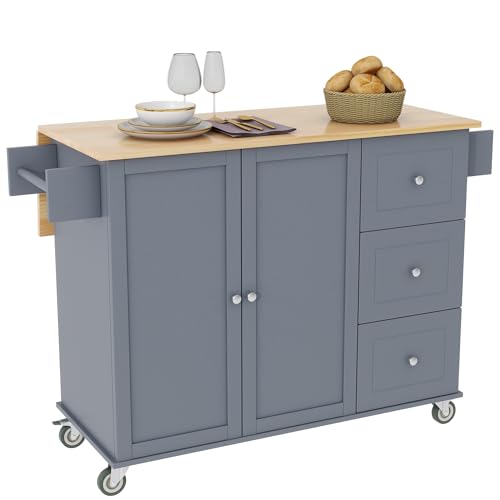 LUMISOL Kitchen Island on Wheels with Storage, Large Kitchen Island Cart with Drop Leaf, 52.7 Inch, Grey Blue