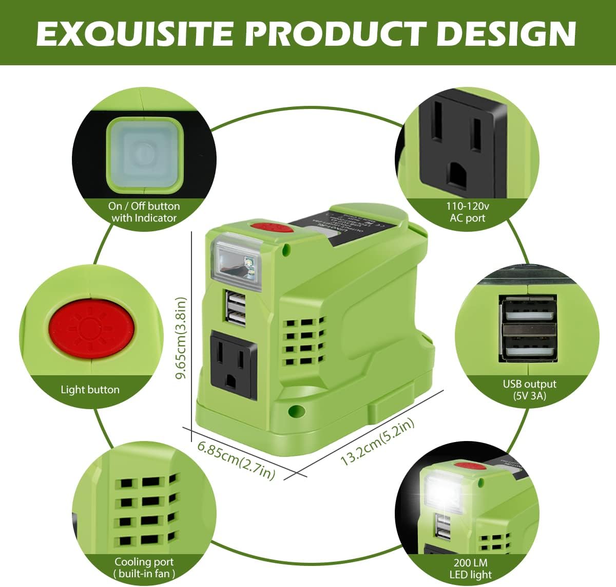 150W Power Inverter Compatible with Ryobi 18V Battery Power Inverter 18V to 110V 120V Portable Station Supply Charger with AC Outlet and Dual USB Output LED Light for Outdoor Camping