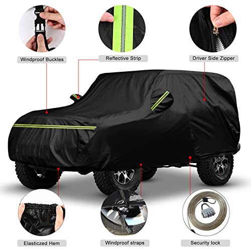 Waterproof Car Covers Replace for 2007-2022 Jeep Wrangler 4 Door, 6 Layers All Weather Custom-fit Car Cover with Zipper Door & Windproof Strap for Snow Rain Dust Hail Protection