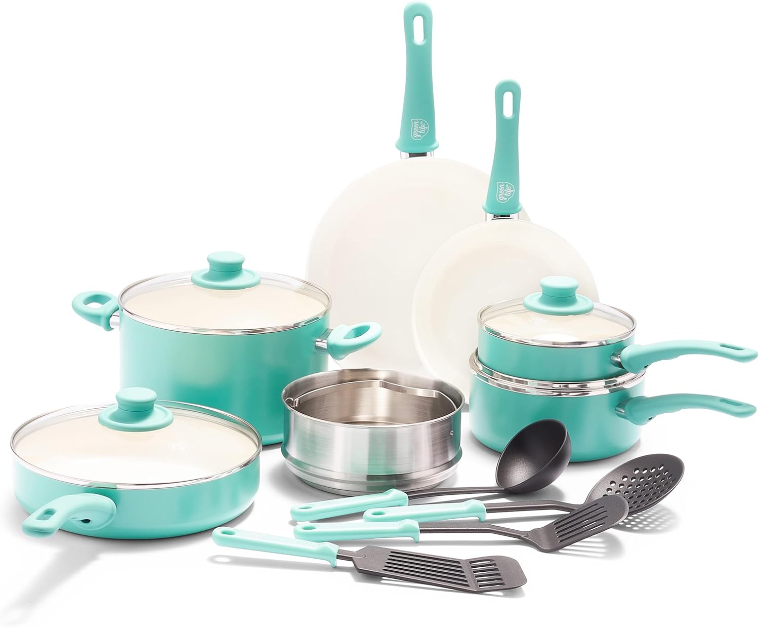 GreenLife Soft Grip Healthy Ceramic Nonstick, 15 Piece Cookware Pots and Pans Set, Induction,Turquoise & Bakeware Healthy Ceramic Nonstick 18.5
