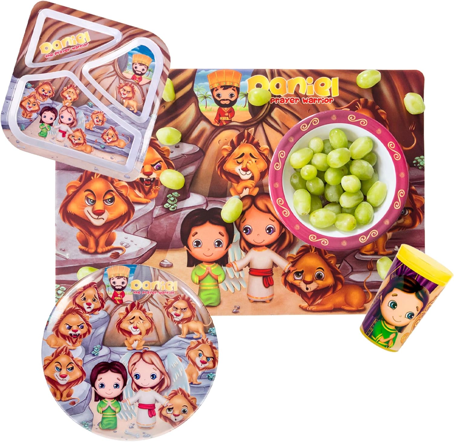 HE LOVES ME Christian Toddler plates and bowl set Daniel Includes Round Plate, Divided Plate, Bowl, Placemat and Cup- Baby and Toddler Dinnerware Feeding Essentials, 5 Pieces.