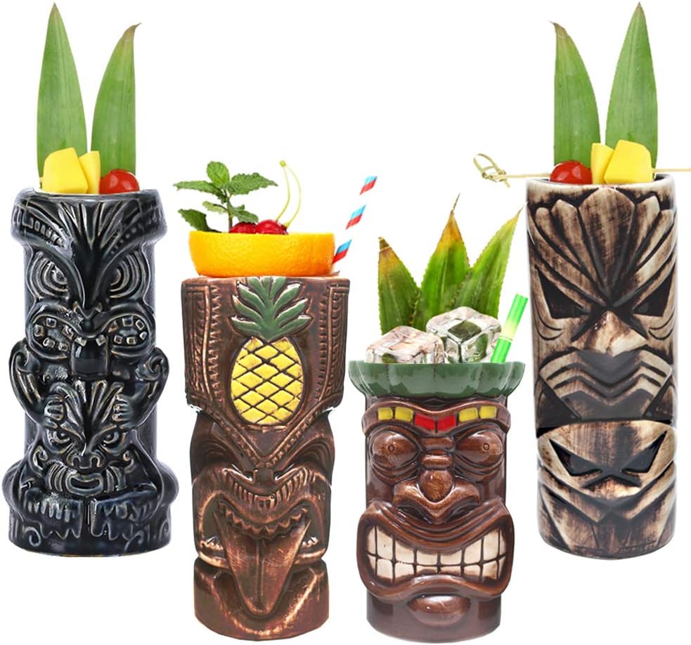 Tiki Mugs Cocktail Set of 4 - Large Tumblers Ceramic Hawaiian Luau Party Mugs Drinkware, Cute Exotic Cocktail Glasses, Tiki Bar Professional Hawaiian Party Barware, TKSET0005…