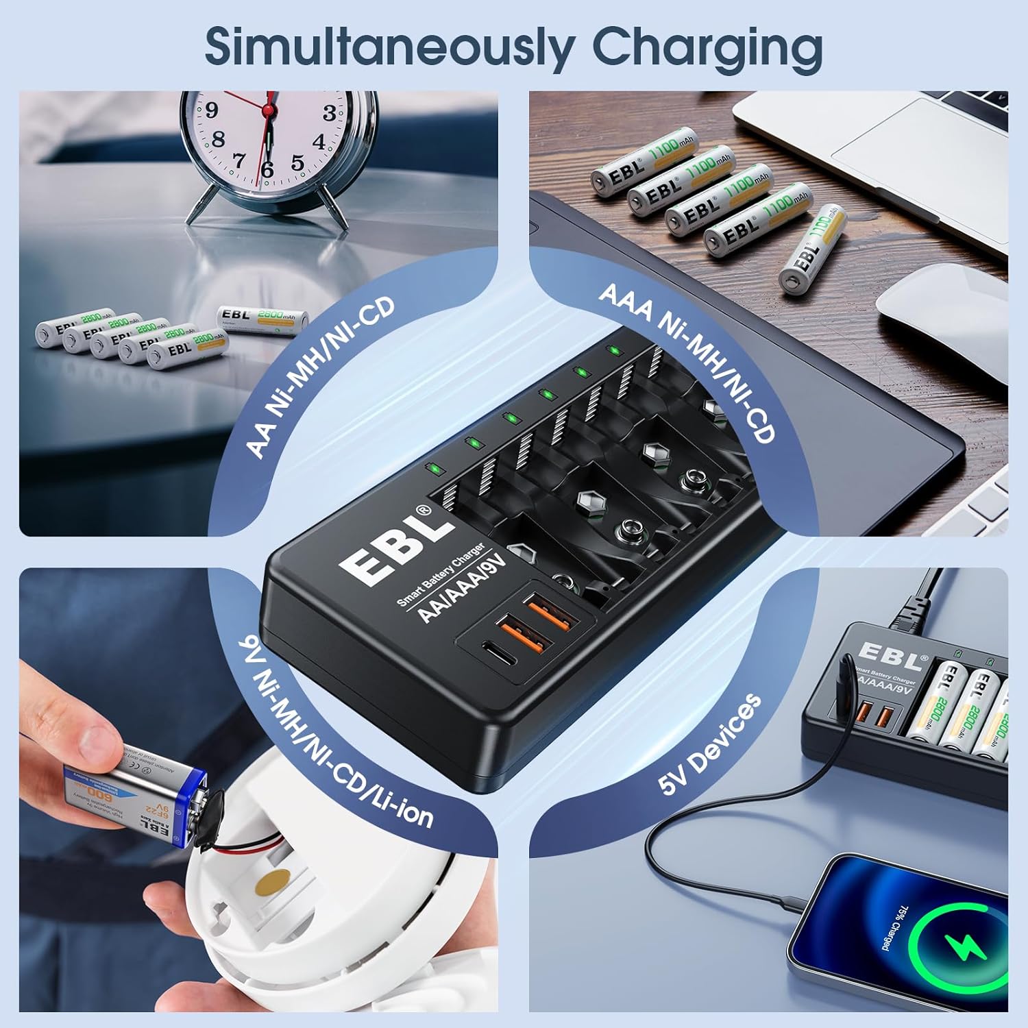 EBL 8 PCS AA 2800mAh & 8PCS AA 2300mAh & 8-Pack AAA 800mAh Rechargeable Batteries with AA AAA 9V Individual Battery Charger