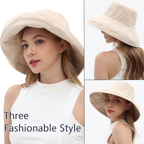 Womens Sun Hats Wide Brim Reversible Bucket Cotton Hat Packable Summer Travel Cap with Hat Clip,UV Protection