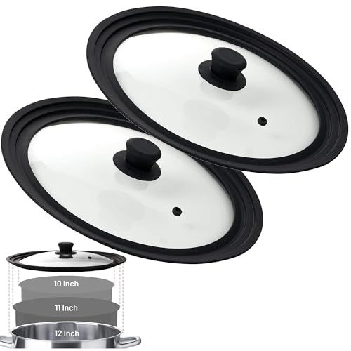 Bezrat Universal Round Lid for Pans, Pots and Skillets Vented Tempered Glass with Graduated Rim Fits 10, 11, 12 inch Cookware – Heat Resistant Handle – Food Safe - Microwave Safe – Dishwasher Safe