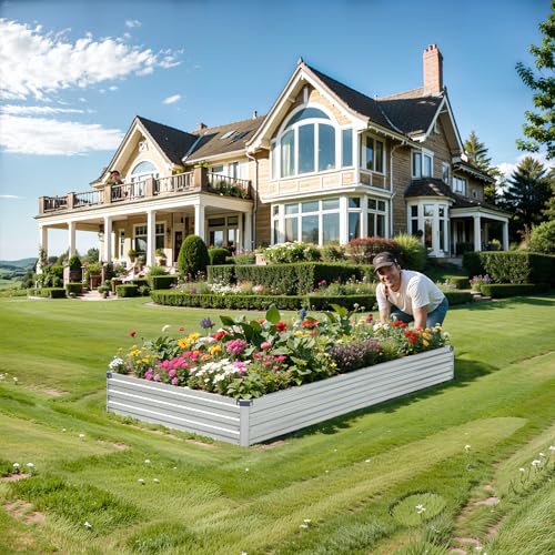 2Pcs Galvanized Steel Raised Garden Bed, 2 Pack Large Metal Raised Planter Box, Raised Garden Bed for Vegetables Flower Herb with Gloves and 2 Compost Bags, 8x4x1ft(2pcs), Gray