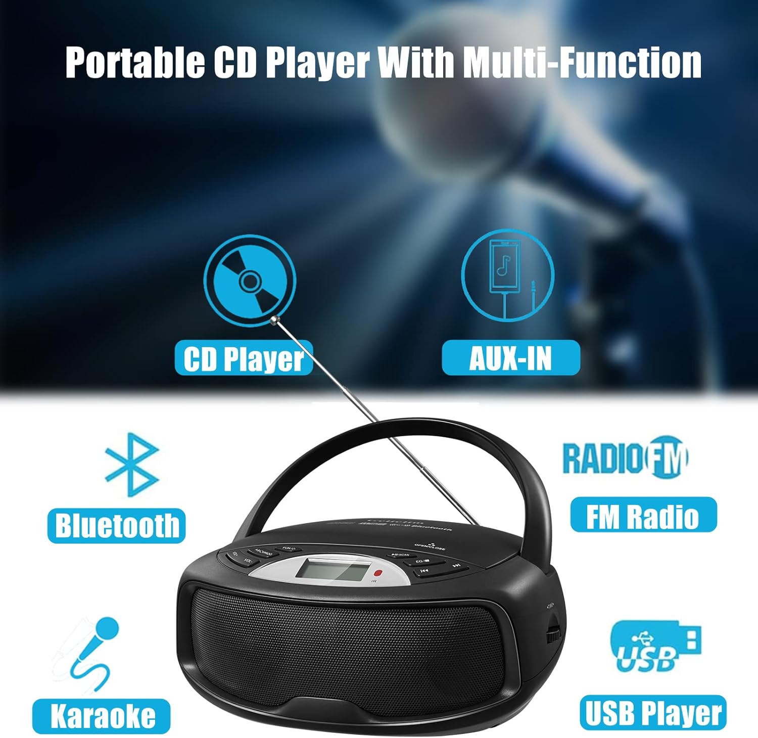 Gelielim Portable CD Player Bluetooth Boombox, FM Radio with Remote, Karaoke, Playback CD/MP3, Front Aux-in Port, Headphone Jack, Tiny Body, LCD Display, Supported AC/DC