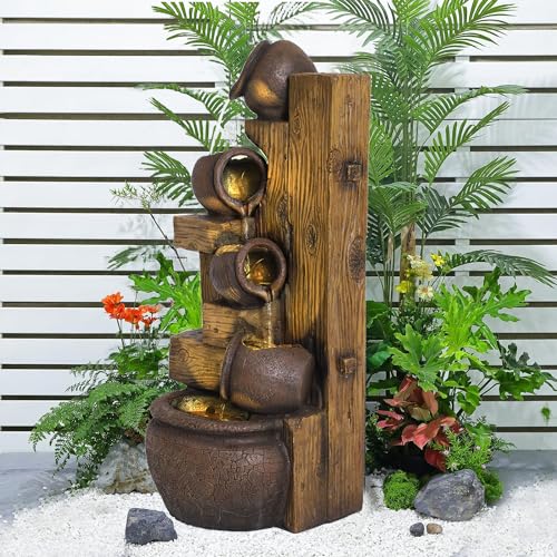 Outdoor Water Fountain with LED Lights, UL Certified Resin Material, Natural Stone Appearance Waterfall, 5 Tiers Modern Cascading Large for Home Art Decor, Garden, Lawn and Patio (Gray)