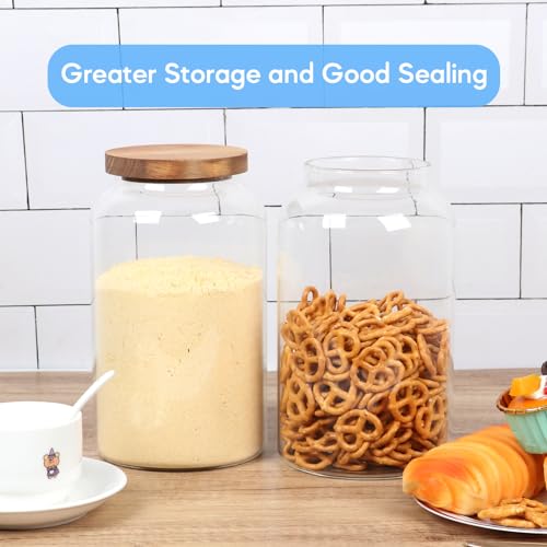 Large Glass Jars 93 oz with Airtight Wooden Lids, 2 Pack 0.7 Gallon Glass Food Storage Canisters, Wide Mouth Large Kitchen Jars, 2.9 Quart Round Big Containers for Flour, Sugars, Coffees, Cookies