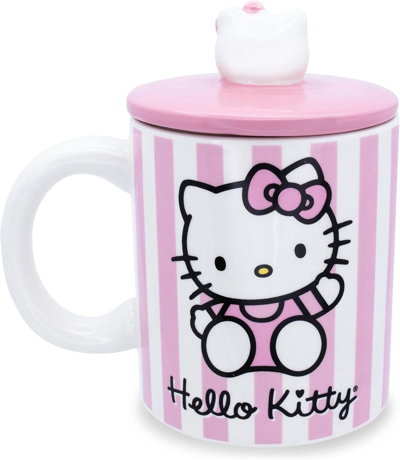 Toynk Sanrio Hello Kitty Pink Stripes Ceramic Mug With Lid | Large Coffee Cup For Tea, Espresso, Cocoa | Holds 18 Ounces
