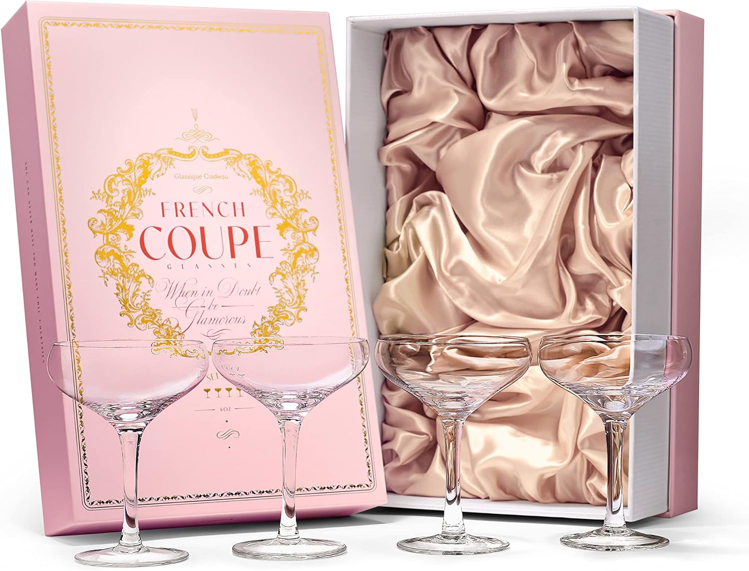 GLASSIQUE CADEAU French Small Vintage Champagne Coupe Glasses | Set of 4 | 6 oz Crystal Classic Cocktail Glassware - Martini, Sidecar, Daiquiri | Retro Saucers for Bar Drinks