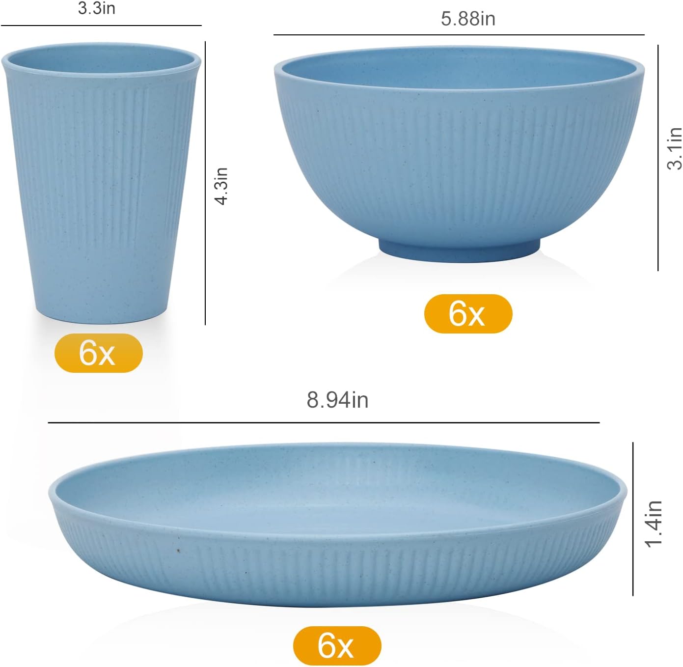 Wheat Straw Dinnerware Set, 18 Pcs Unbreakable Reusable Plates, Cups and Bowls Set for 6, Lightweight Dinner Plates and Bowls, Top-rack Dishwasher Safe