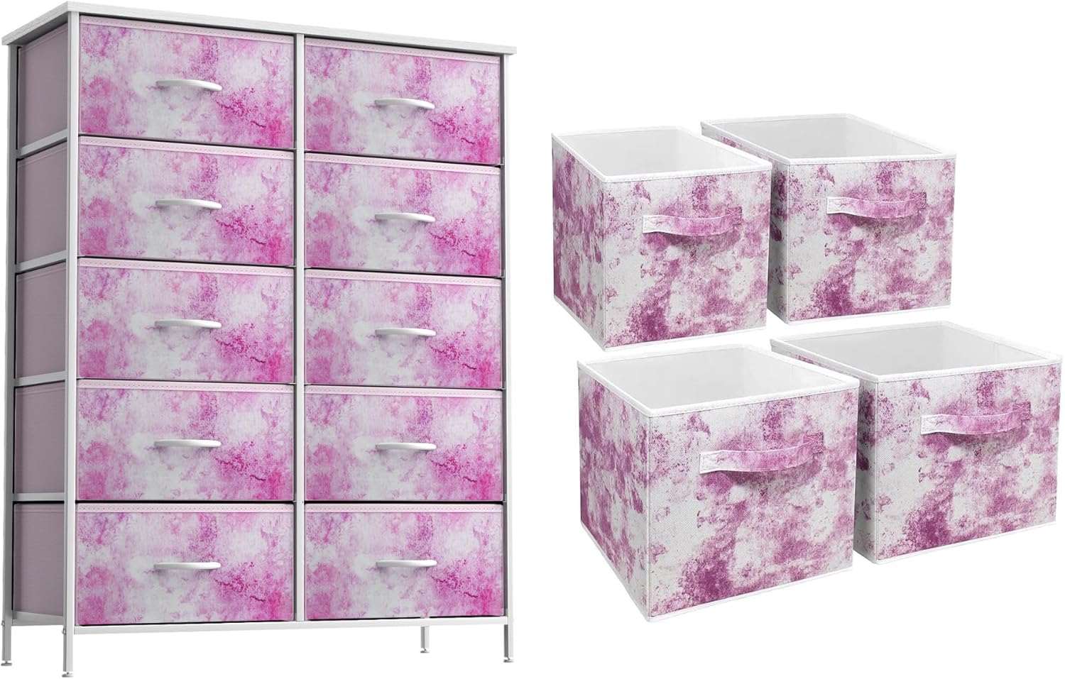 Sorbus Tie Dye Dresser with 10 Drawers + 11 Inch Pink Tie Dye Cube Storage Bins (4 Pack) Bundle - Matching Set - Storage Unit Organizers for Clothing - Bedroom, Closet, Office Organization