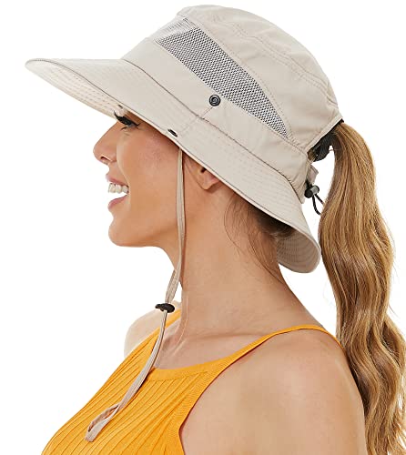 Sun Hat with Ponytail Hole for Women,Sun UV Protection UPF50+ Waterproof Beach Bucket Safari Hiking Hat for Women