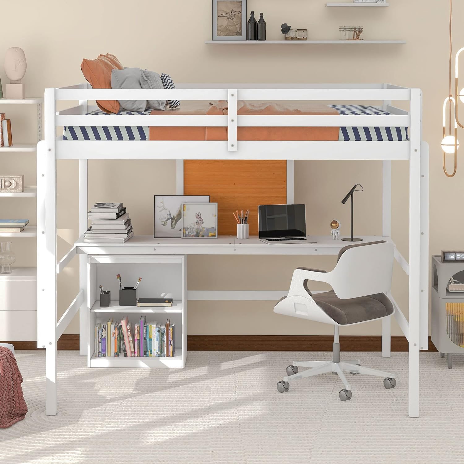 Full Size Loft Bed with Desk and Writing Board, Wooden LoftBed with Desk & 2 Drawers Cabinet,Space Saving,for Kids Teens Adult, White