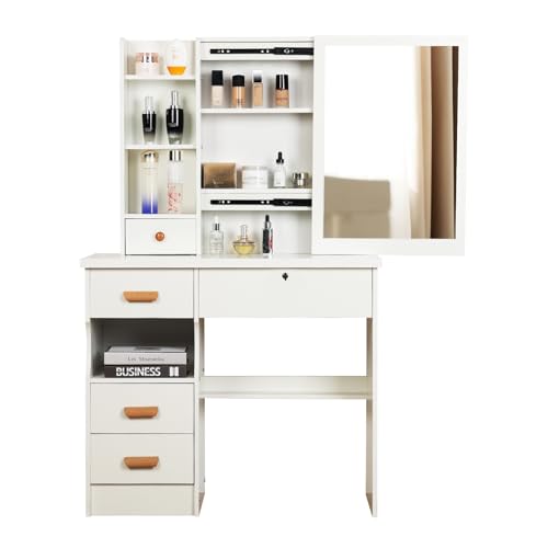 Vanity Desk,Vanity Makeup Desk with Sliding 3 Lighted Mirror,Makeup Vanity Table with 4/5/6 Drawers,Storage Bench,Makeup Table with Drawers & Cabinet,Storage Stool for Bedroom,Bathroom,US Fast