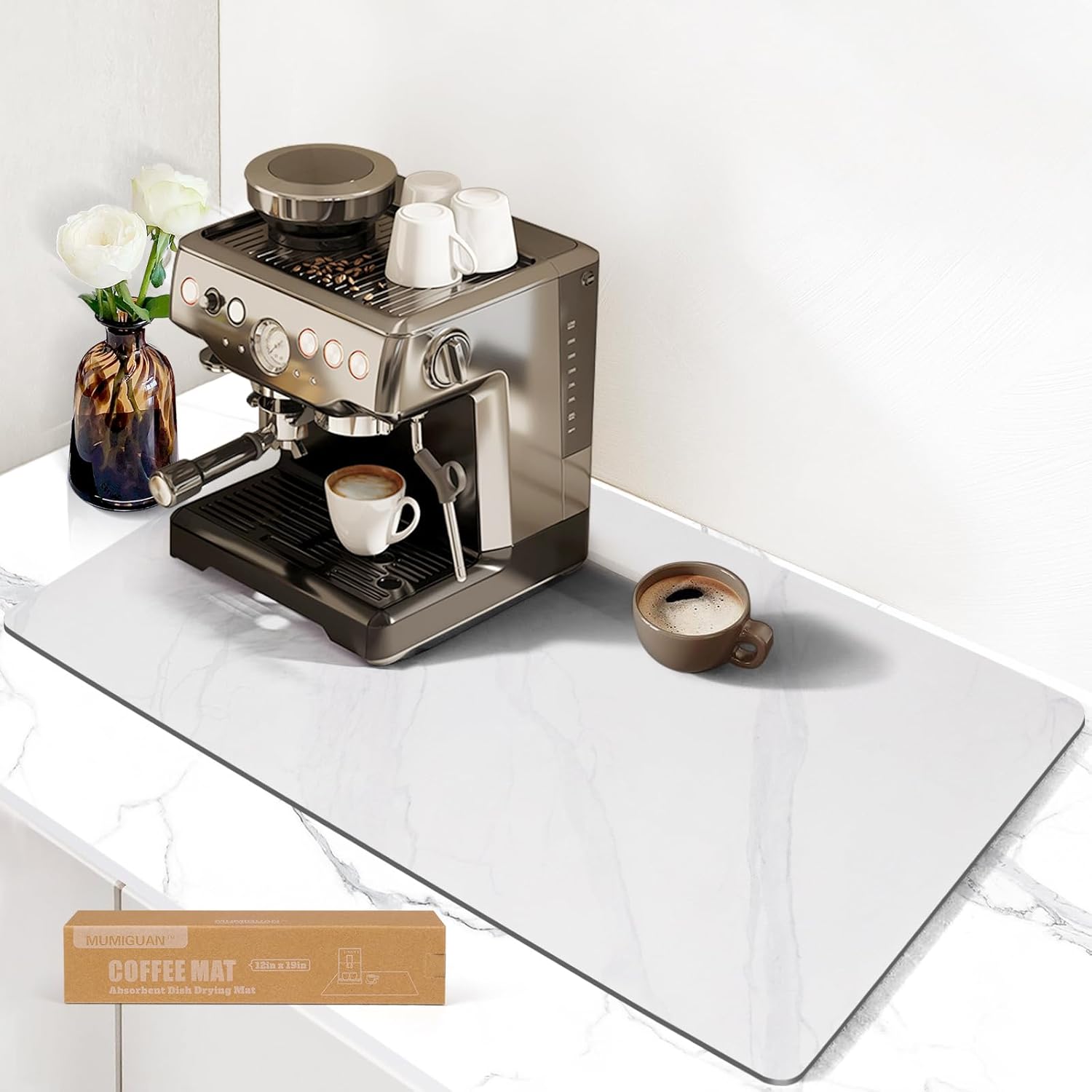 Dish Drying Mat for Kitchen Counter, Coffee Mat/Coffee Machine Mat/Coffee Bar Mat for Countertop, Anti-Slip Absorbent Dish Drying Pad for Kitchen Counter (Marble, 12