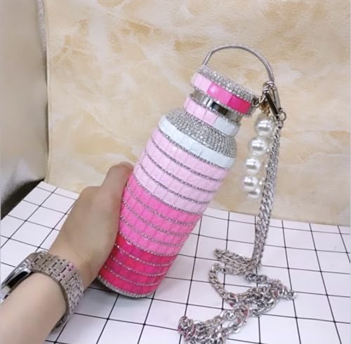 Bling Diamond Thermal Bottle,Glitter Water Bottles, Stainless Steel Thermal Bottle Refillable Water Bottle with Chain for Women (500ml) (Light Pink)