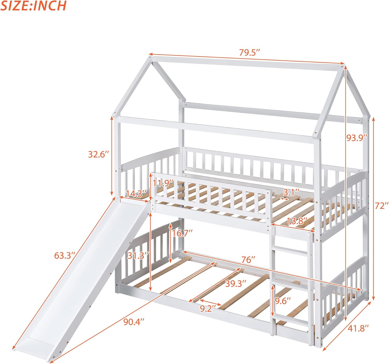 Solid Wood Twin Over Twin Bunk Bed with Slide,Playhouse Bedframe with Roof for Kids,Bedroom,No Need Box Springs,White