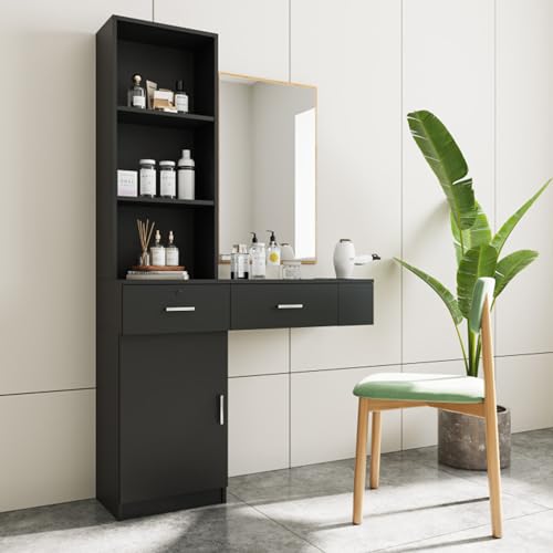 Vanity Desk with 2 Drawers, Vanity Table, Makeup Vanity Dressing Table with Multi-Layer Storage Shelves, Modern Makeup Desk for Bedroom, Without Mirror, Black