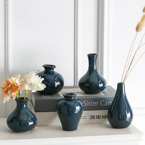 Small Black Vases, Ceramic Bud Vase Set of 5, Mini Pottery Vases for Pampas Grass, Flowers, Decorative Vases for Home Modern Decor, Rustic Decor, Veses for Living Room Dining Table Shelves