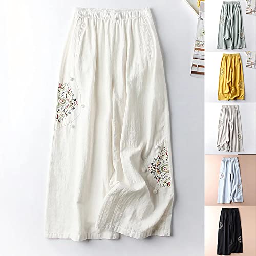Womens Linen Blend Summer Comfy Palazzo Pants Elastic Waist Wide Leg Slim Fit Pants Travel
