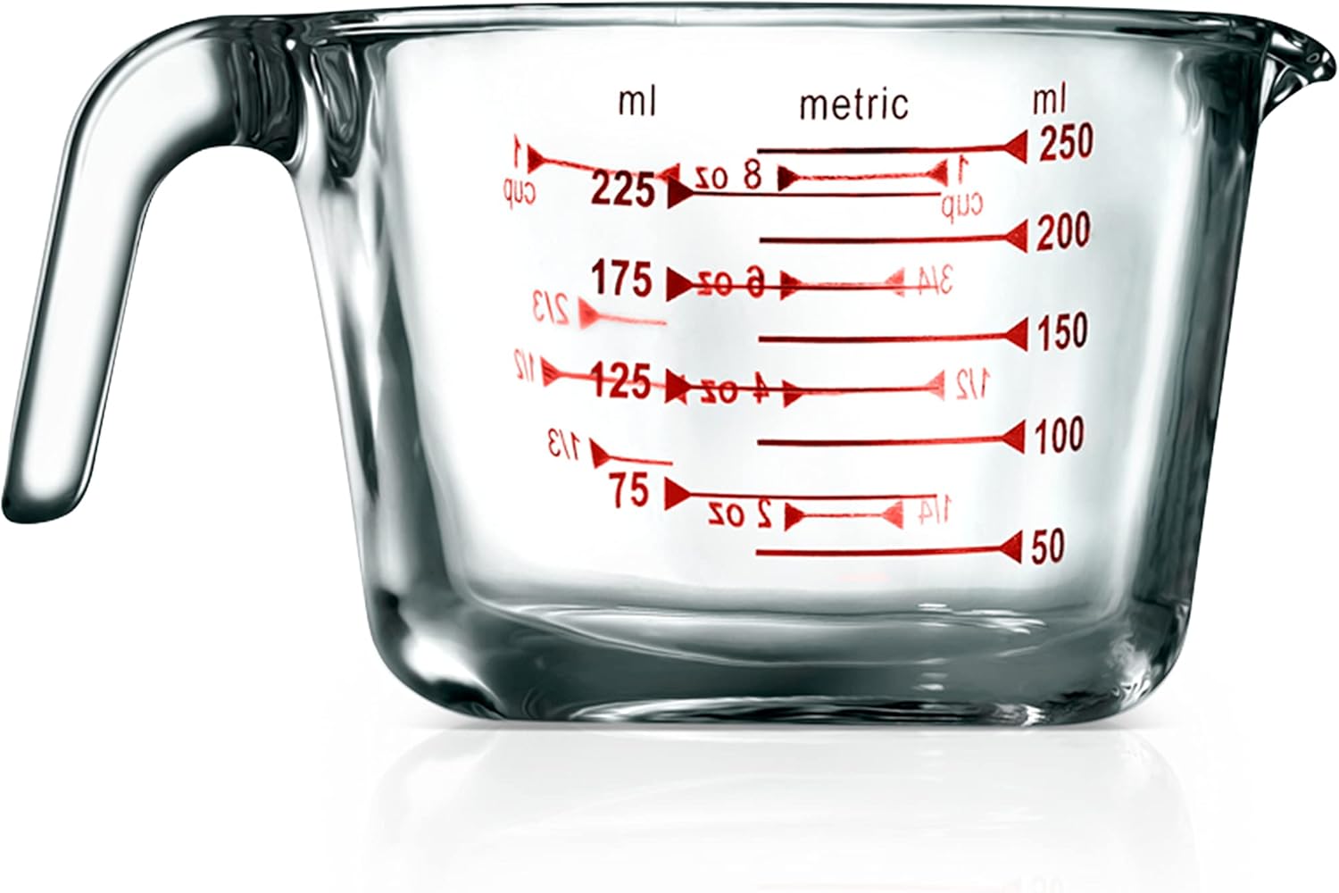 NutriChef 250 ml. Glass Measuring Cup - 8.62 oz Premium Heat Resistant Glass Cup, with Customized Decal Scale, Oven and Dishwasher Safe, Curved Spout for Precise Pouring