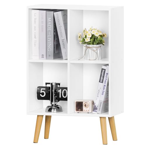 YAHARBO 2 Cube Bookshelf, White Record Player Stand with Vinyl Storage Up to 100 Albums, Horizontal Low Book Shelf, Mini Bookcase with Storage Organizer, Small Turntable Stand for Living Room, Bedroom