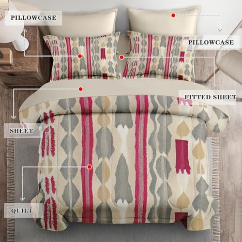 Old Sprawling Tree Retro 5 Pcs Comforter Set Twin Size, Orange Red Autumn Foliage Long Roots Soft Bedding Set with Flat Sheet and Fitted Sheet Pillowcases & Sham for Adults Bedroom Bed Decor