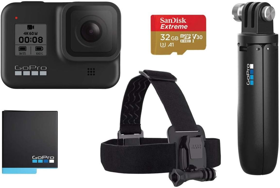 GoPro HERO8 Black Retail Bundle - Includes HERO8 Black Camera Plus Shorty, Head Strap, 32GB SD Card, and 2 Rechargeable Batteries
