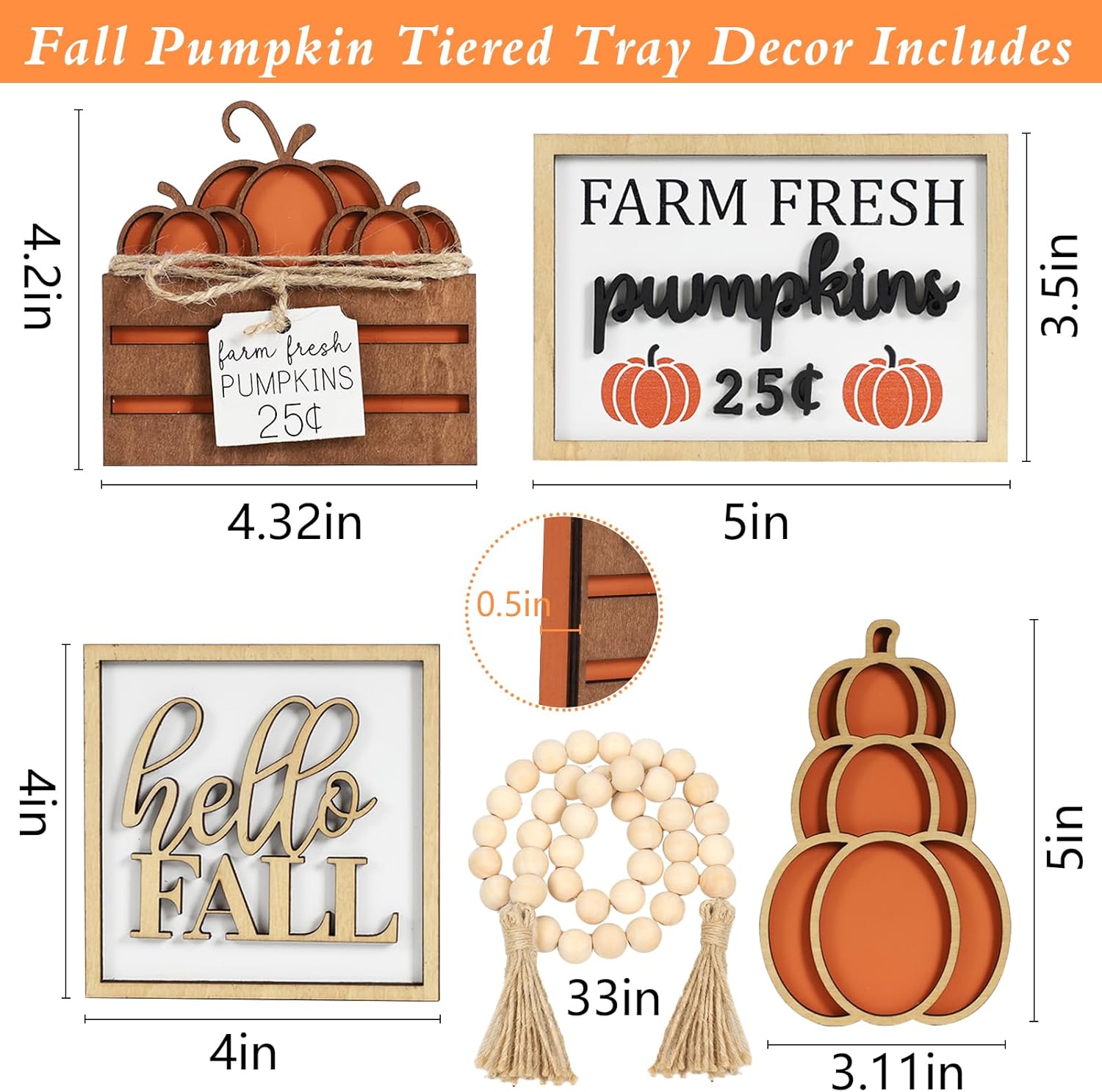 DAZONGE Fall Decor, 5PCS Fall Decorations for Home, Hello Fall, Stacked Pumpkin, Farm Fresh, Pumpkin Crate, Bead Garland, Fall Tiered Tray Decor, Rustic Fall Tabletop Decor