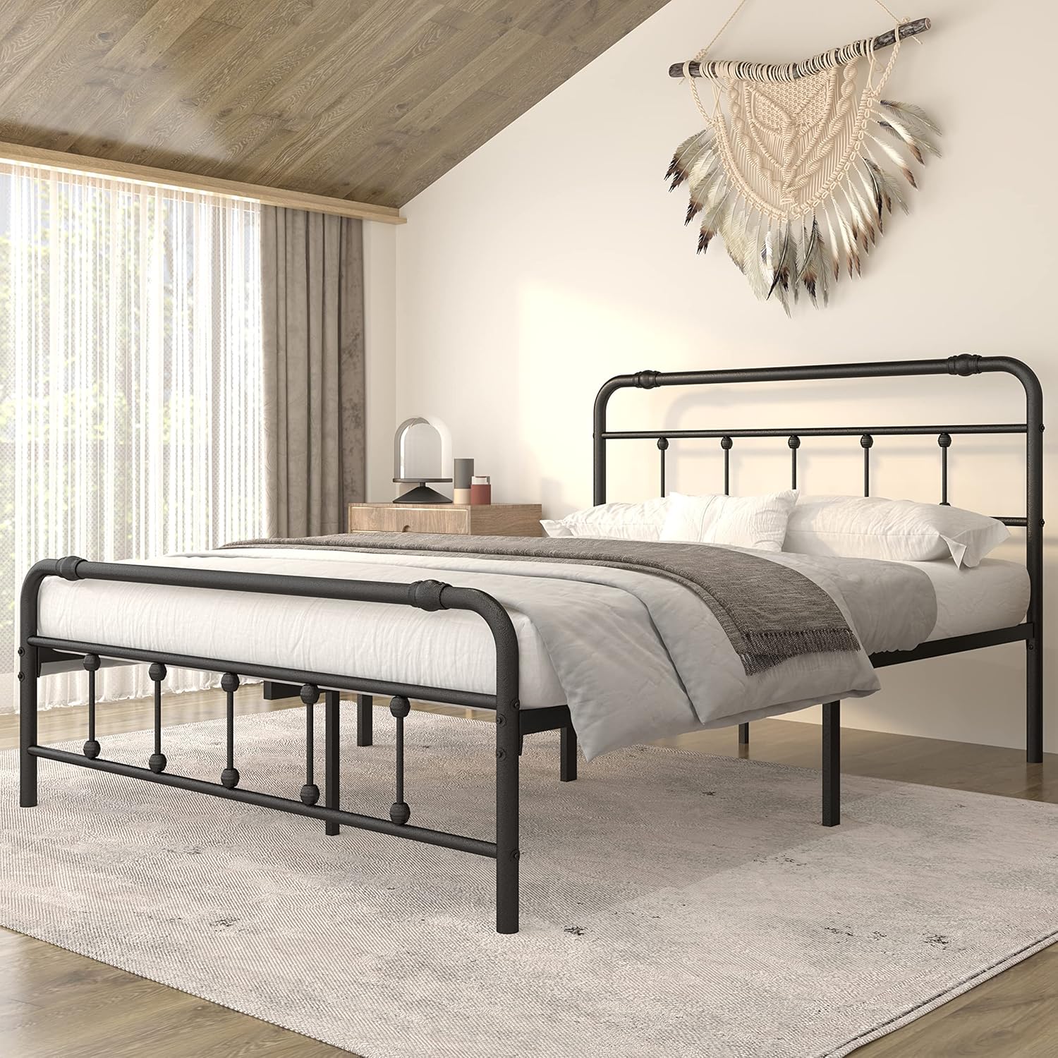 Queen-Size-Bed-Frame with-Headboard and Footboard - No Box Spring Need,Victorian Vintage Heavy Duty Metal Platform Mattress Foundation(Black)