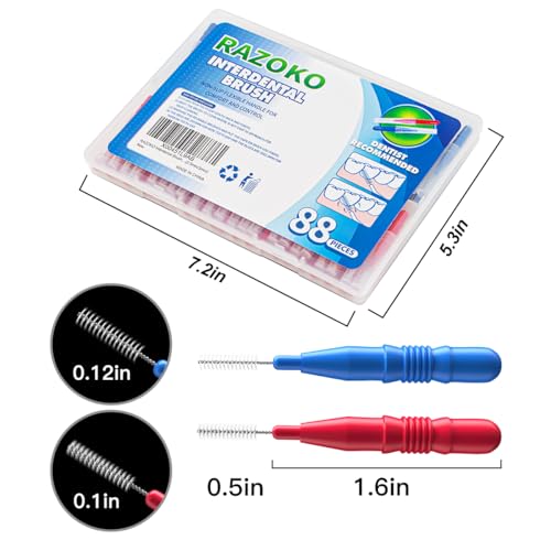 RAZOKO Interdental Brush, Flossing Head,Easy Use Tooth Cleaning Tool (88 Count)(2.5mm/3mm)
