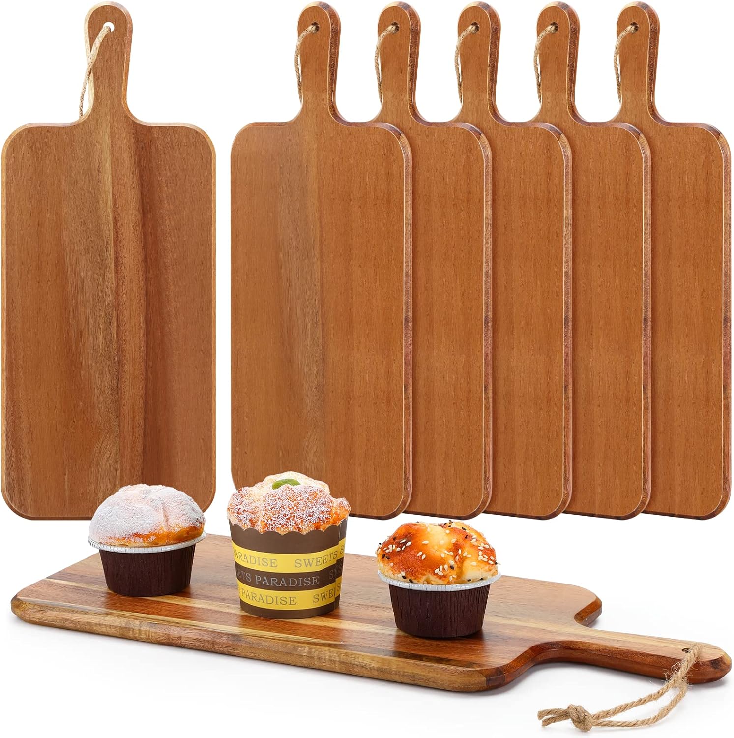 6 Pack Acacia Wood Cutting Board with Handle Wooden Kitchen Chopping Boards Large Wooden Charcuterie Boards Cheese Serving Board Wooden Cutting Board for Meat Cheese Bread Vegetables Fruit (17 x 7 In)