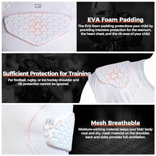 COOLOMG Youth Football Padded Shirt Chest Rib Protector Heart Sternum Shoulder Protection for Rugby Lacrosse