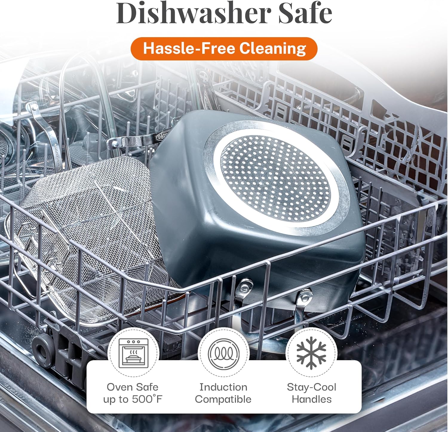 Gotham Steel Nonstick Square Deep Frying Pan, 9.5” Large Cooking Pan with Ceramic Nonstick Coating, 4 Pc Titanium Ceramic with Lid, Basket & Steamer Tray, Dishwasher Safe