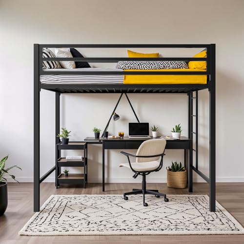HOOMIC Modern Twin Size Metal Loft Bed Frame with Full-Length Guardrail, Removable Ladder, Space-Saving Design, Noise Free, Easy Assembly, Cream White