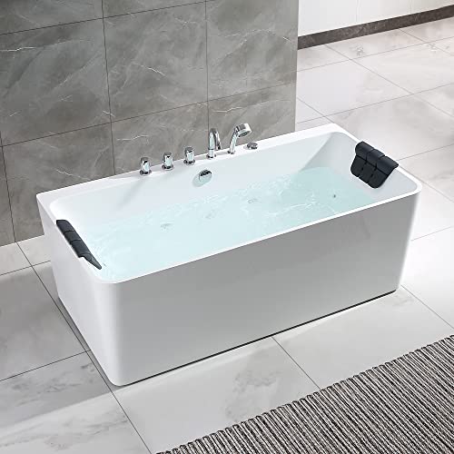 Empava 59-Inch Freestanding Whirlpool Bathtub Rectangular with 8 Hydromassage Adjustable Water Jets Luxury Acrylic Massage SPA Soaking Bath Tub Double Ended, White
