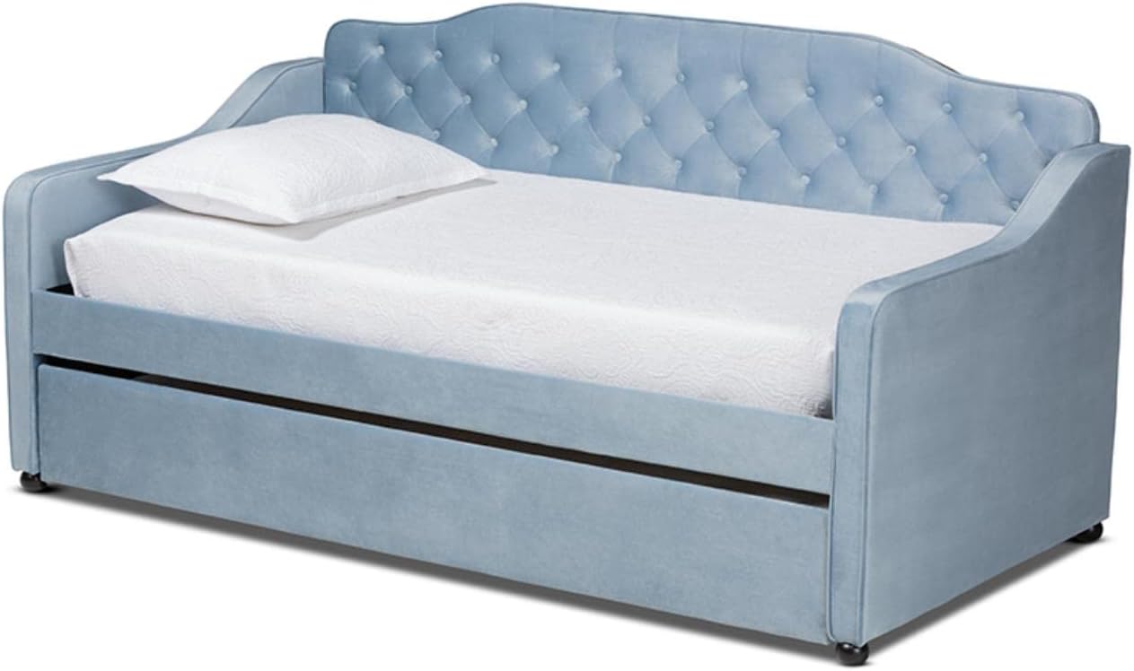 Baxton Studio Freda Traditional and Transitional Light Blue Velvet Fabric Upholstered and Button Tufted Twin Size Daybed with Trundle