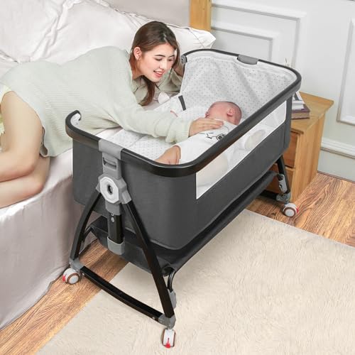 Baby Bassinet Bedside Sleeper, Bedside Bassinet for Baby, 3 in 1 Bedside Crib with Adjustable 6 Height, Portable Bassinet for Newborn/Infant, Baby Bassinet with Wheels/Storage Basket/Mosquito Net