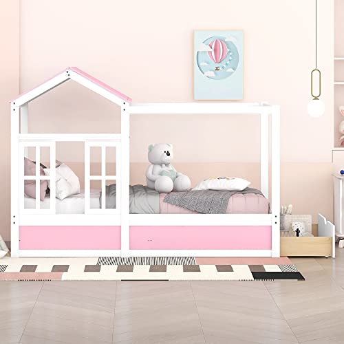 Twin Size House Bed with Roof & Window, Solid Wood Full Platform Bed Frame, Tent Bed Twin Bed Frames with Storage Drawer for Kids