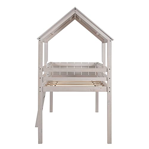 Twin Low Loft Bed with Ladder and Under-Bed Large Space, Pinewood House-Shaped Bed Frame with Roof and Fence-Shaped Guardrails, Bedroom Furniture (Wash Gray)