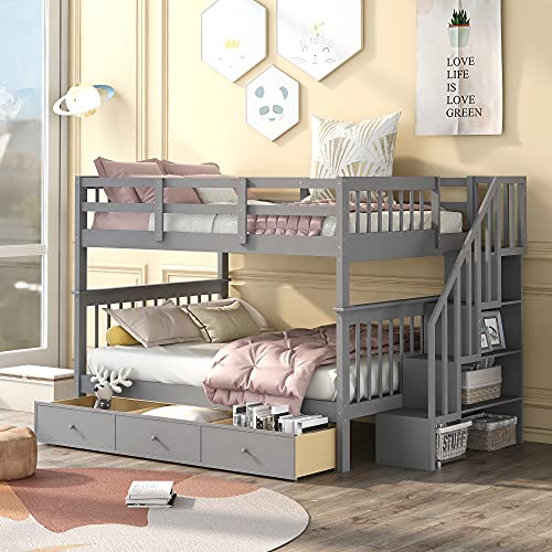 Solid Wood Twin over Twin Bunk Bed, Twin over Twin with Ladder, Safety Rail, Twin Trundle Bed with 3 Drawers for Bedroom, Guest Room Furniture(Gray)