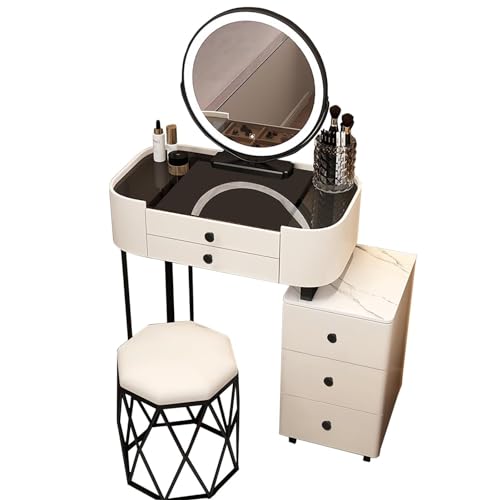 Dressing Table with LED Mirror and Stool, Makeup Table with Bluetooth Speaker and Wireless/USB Charging, Cosmetic Bedroom Dresser Vanity Desk with 5 Drawers, Gift for Women(White,80cm)