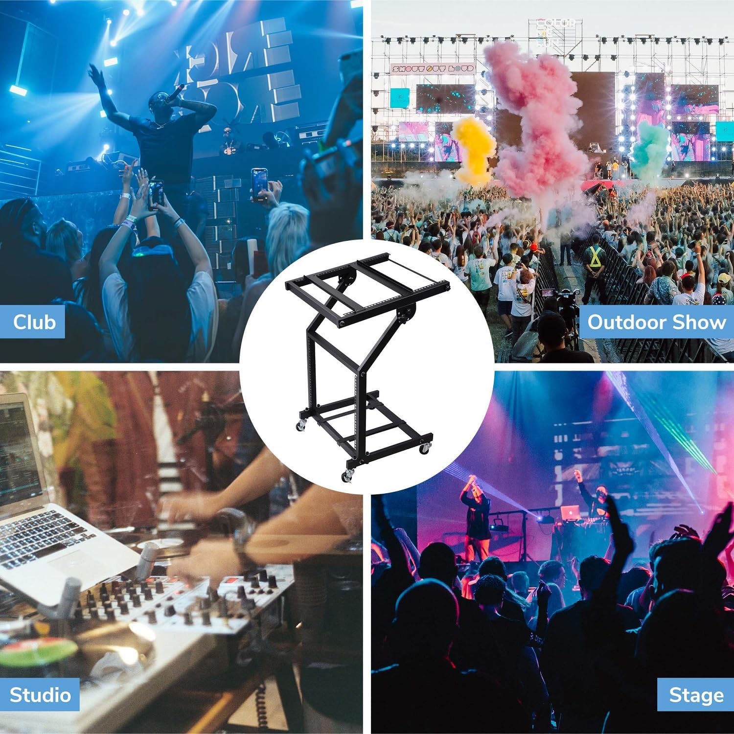 9U/12U/16U DJ Mixer Stand Rack Mount Mixer Case Pro Audio Recording Cabinet DJ Gear Storage Case Rolling Stage Cart Holder for Office Home Stage or Studio Music Show (Black with adjustment beam, 9U)