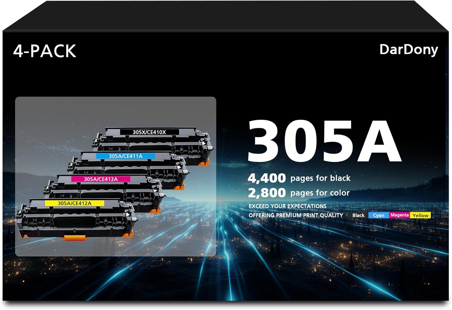 305X 305A Black Cyan Magenta Yellow High Yield Toner Cartridge Replacement for 305X CE410X 305A CE411A CE412A CE413A compatible with HP LaserJet Pro 300 M351 M375 Pro 400 M451 M475 MFP Printer(4-Pack)