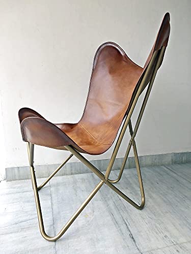 Leather Living Room Chairs-Butterfly Chair Brown Leather Butterfly Chair-Handmade with Powder Coated Folding Iron Frame (Cover with Folding Frame) (Golden Frame)