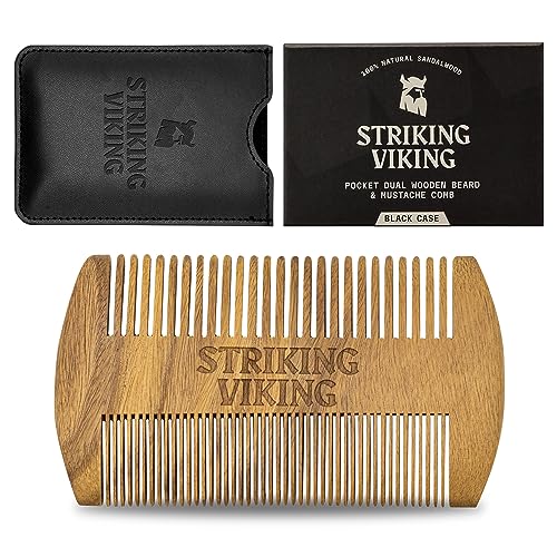 Striking Viking Sandalwood Beard Comb & Case - Pocket Sized Wooden Beard & Mustache Comb With Fine & Coarse Teeth - Perfect For Use With Balms & Oils - Wood Mustache Comb - Wooden Combs For Beards