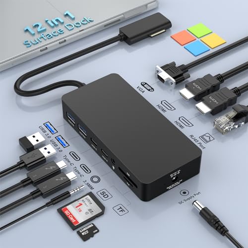 Surface Dock, Surface Docking Station, Microsoft Surface Triple Display (2 HDMI 4K+VGA) Dock, Surface pro Accessories for Surface Pro 9/8/X/7/6/5/4/3, Surface Book 3/2/1, Surface Laptop go/5/4/3/2